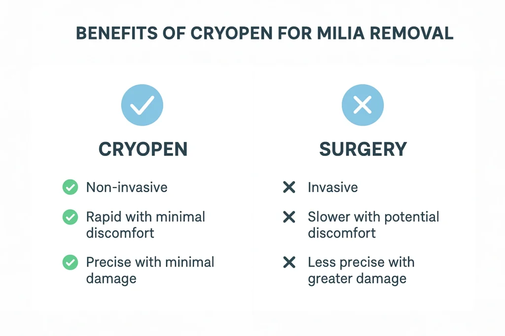Benefits of cryopen for milia removal Horley compared to surgical treatments.