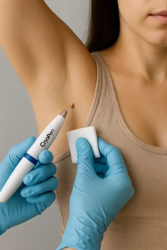 woman having cryopen to remove underarm skin tags Horley