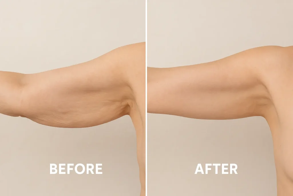 Picture of LA LIPO Horley before and after results of skin tightening treatment on the upper arms.