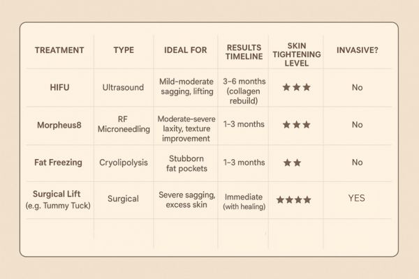Table showing the comparisons of Skin tightening Horley treatment options.